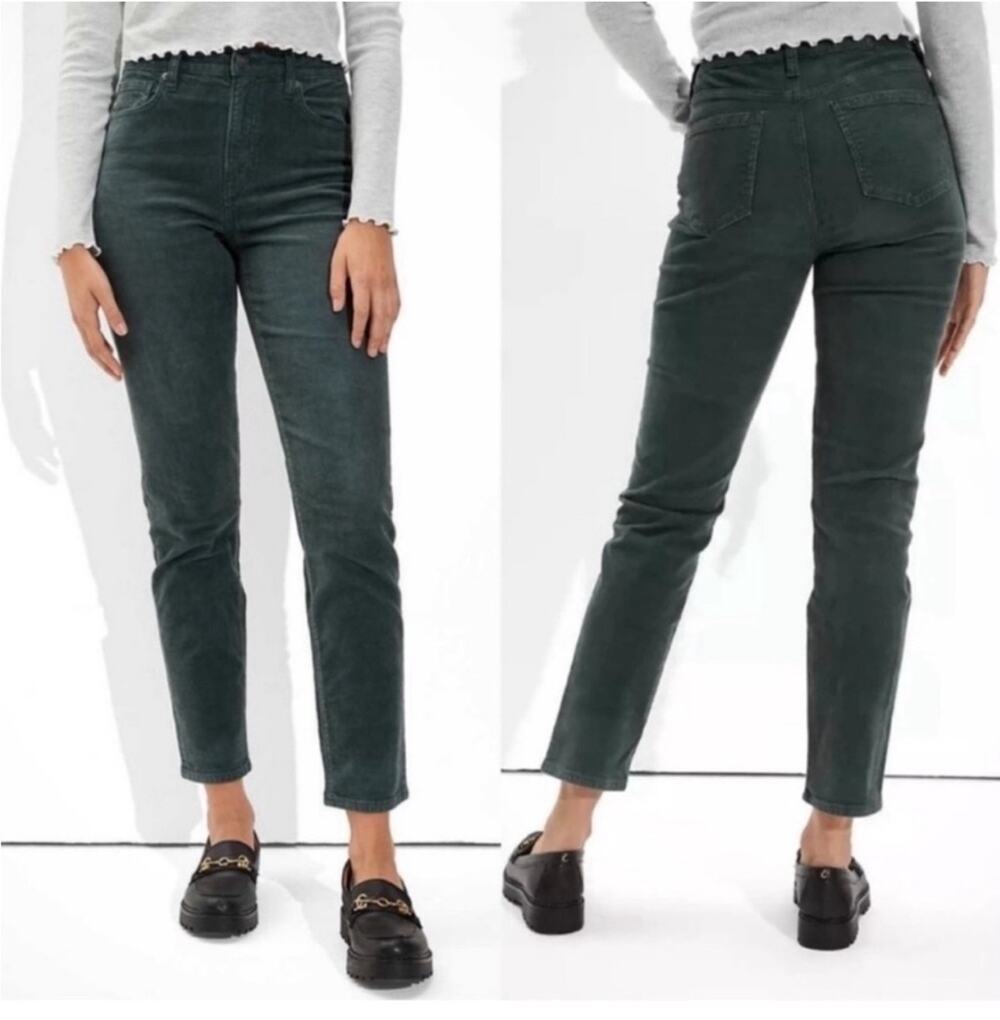 American Eagle Corduroy Mom Jeans Womens 10 Green High Rise Super Stretch Casual